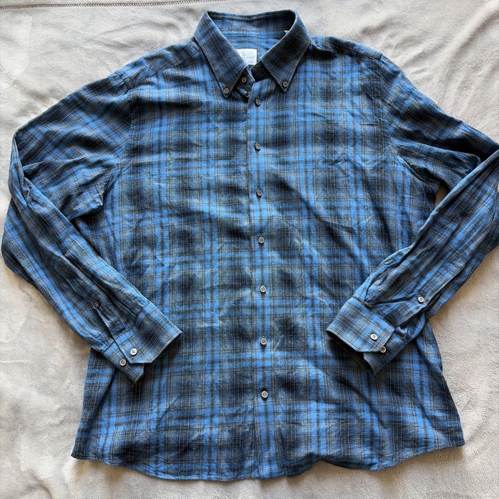 Emanuel Berg Shirt Mens XL Blue Plaid Print Long Sleeve Modern Fit Poland‎